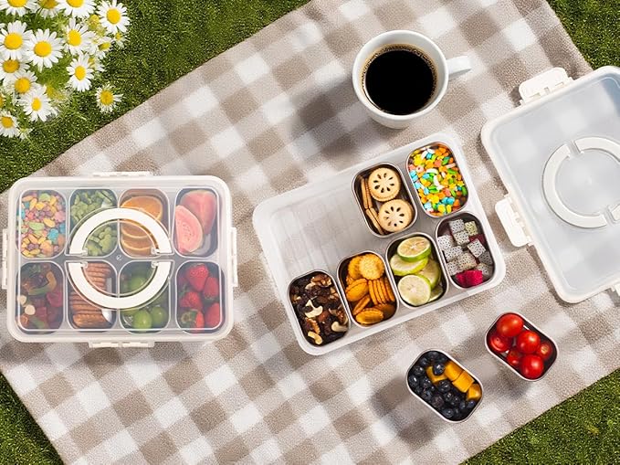 Stainless Steel Snackle Box Container with Lids and Handle, Dishwasher Safe - 8 Divider Portable Reusable Snacklebox,for Travel Beach for Charcuterie Veggie Fruit Candy