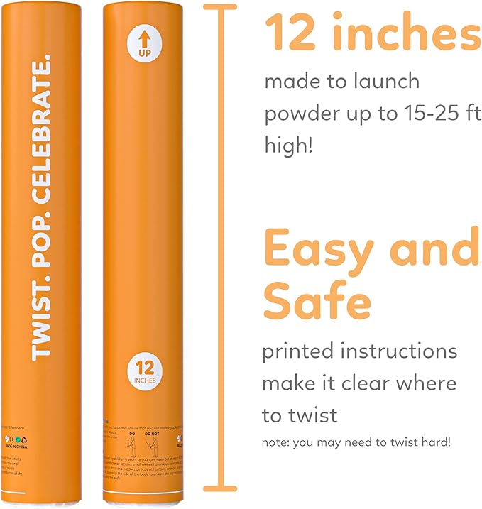 Orange Powder Cannons Smoke Bombs Biodegradable Poppers | 2 Pack | Launch 25 ft Far | 12 inch | Decorations For Photoshoots, Gender Reveal, Celebrations, Festivals, and Parties | TUR Party Supplies