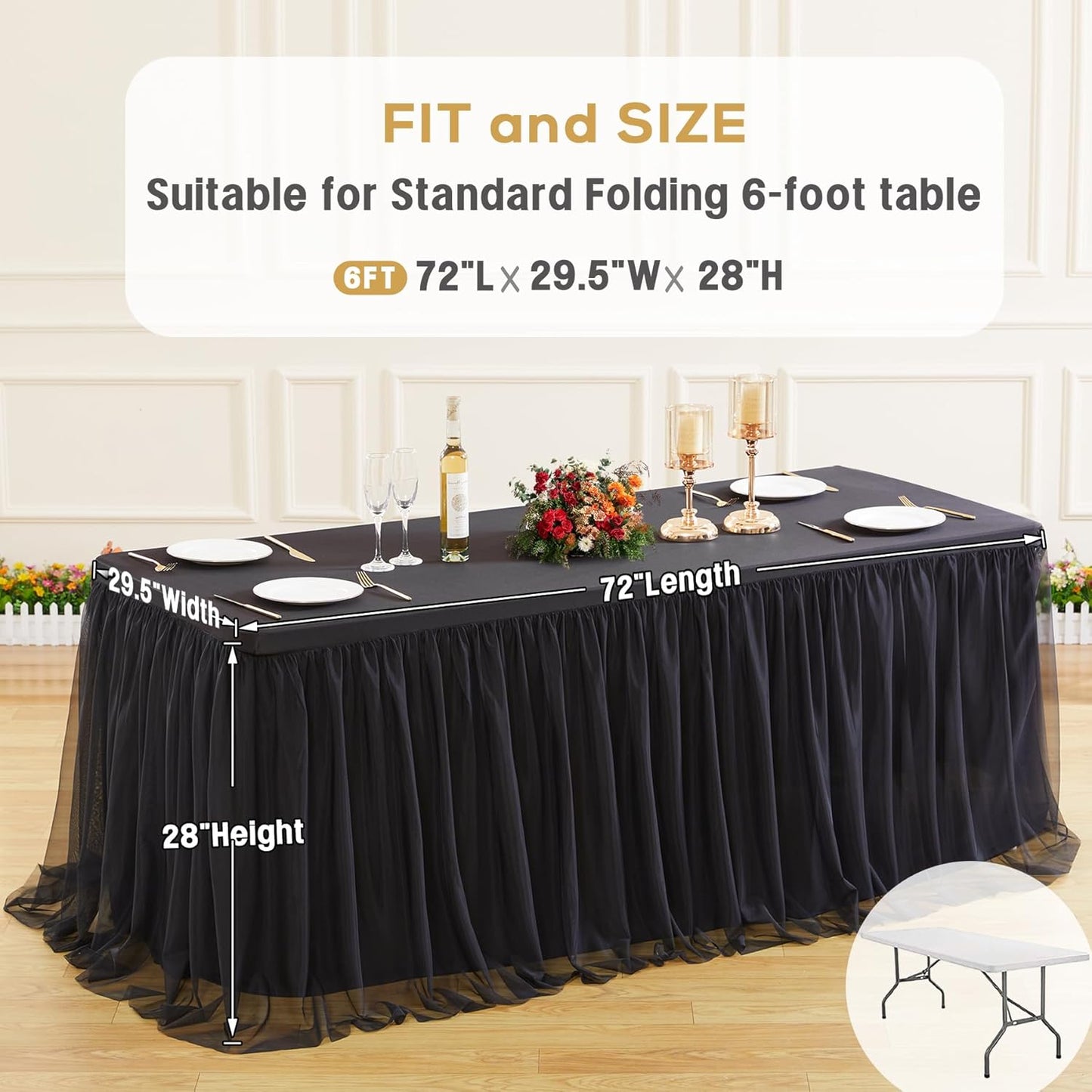 2 Pack Black Tulle Tablecloths for 6 Foot Rectangular Tables, 72 x 30 Inch Black Rectangle Table Cloths, Wrinkle Free Table Cover with Tutu Skirt for Wedding Birthday Party Banquet Buffet Decorations