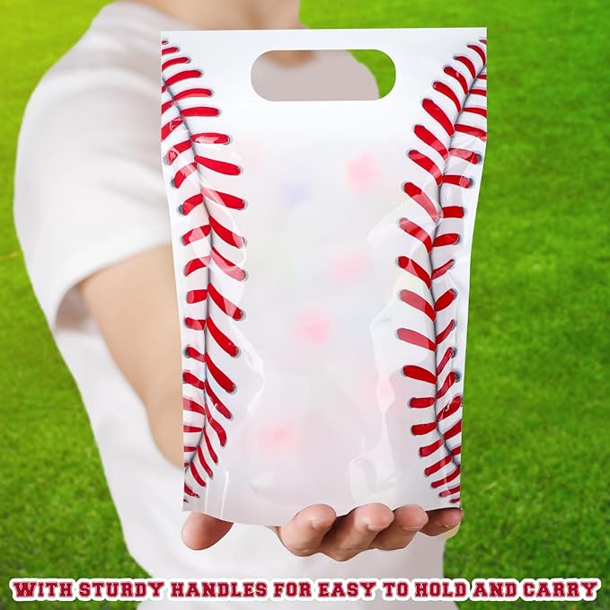 Blosssound 50 Pcs Sport Plastic Bags Clear Baseball Sealed Pouches with Handles Resealable Baseball Party Gift Bags for Sports Theme Birthday Party Candy Gift Wrap Supplies Decoration