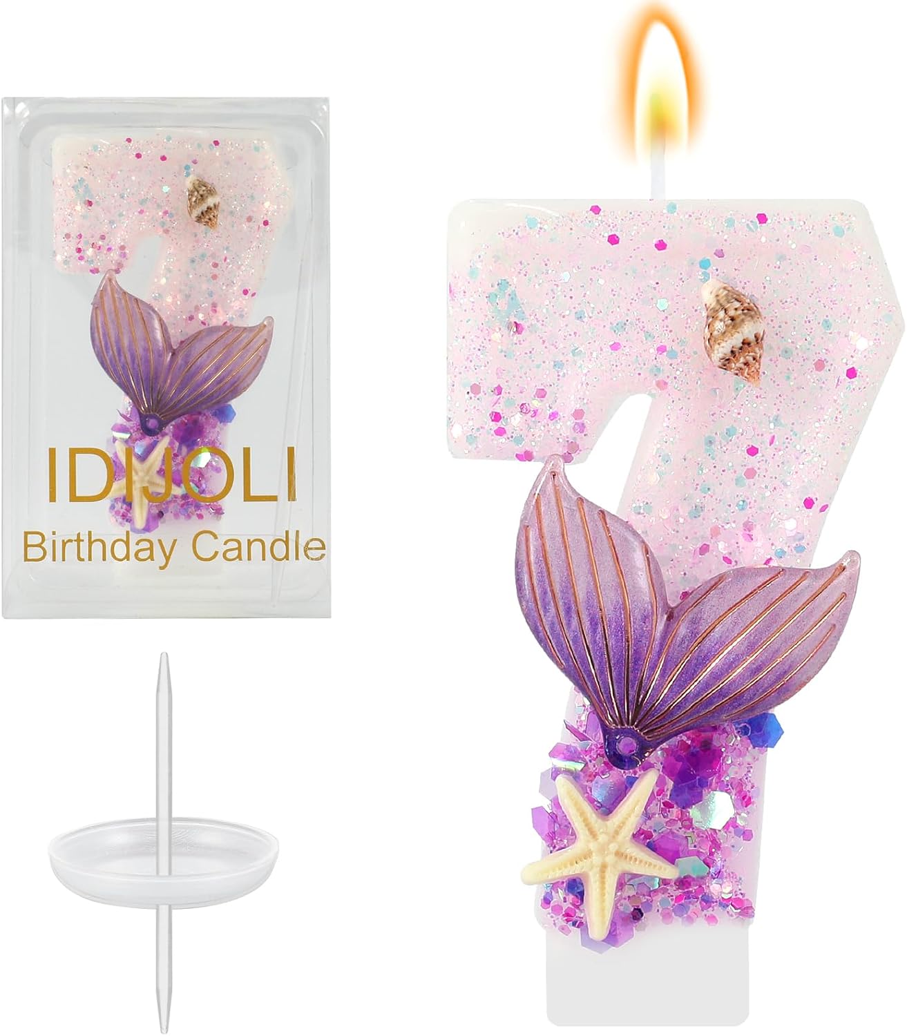 Purple Number 7 Candles Mermaid Birthday Candle 7th Birthday Cake Topper Cupcake Decorations for Girls and Women Party Decor Anniversary Celebrations Supplies Favors
