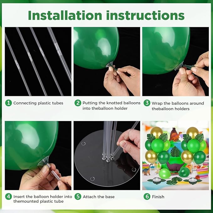 6 Sets Jungle Safari Balloon Stand Kit for Table Gold Green Balloons Dinosaur Party Tables Centerpiece with Palm Leaves for Animal Wild One Birthday Baby Shower St Patricks Day Party Supplies