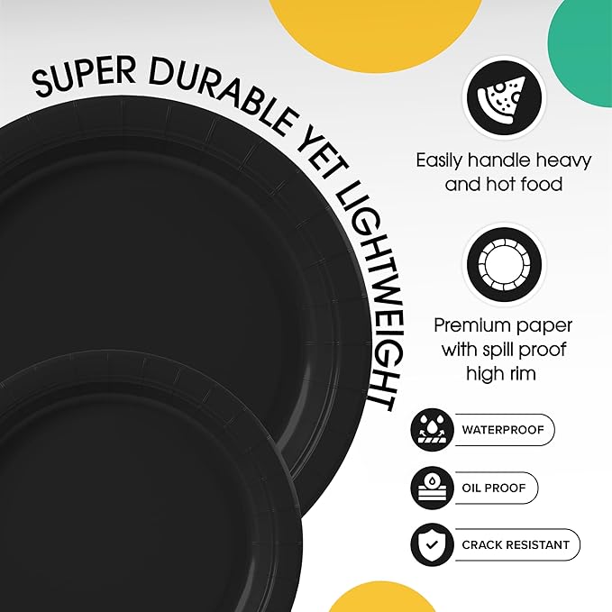 Exquisite Black Paper Plates Disposable Heavy Duty 100 Pcs - 50-7" & 50-9" Black Disposable Plates For Party Heavy Duty Paper Plate 350 GSM Birthday Party Supplies Plate Set