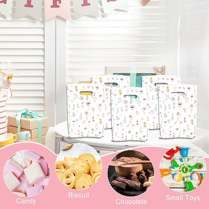 Falueqg Wildflower Theme Goodie Bags - 50 Pcs Reusable Party Favor Bags Wildfloral Gift Bag with Handles Treat Bag for Wedding Birthday Baby Shower Party Supplies Décor