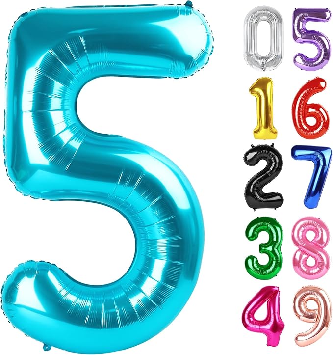 Light Blue Number 5 Balloon 40 Inch, 5th Birthday Party Decorations for Children, Giant 5 Foil Balloon for Party Supplies