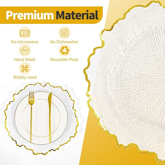 24 Pcs Clear Charger Plates Bulk 13 Inch Plastic Charger Plates for Dinner Plate, Clear with Gold Rim Chargers for Table Setting, Reef Design Plate Floral Decor Round Chargers for Wedding Party Event
