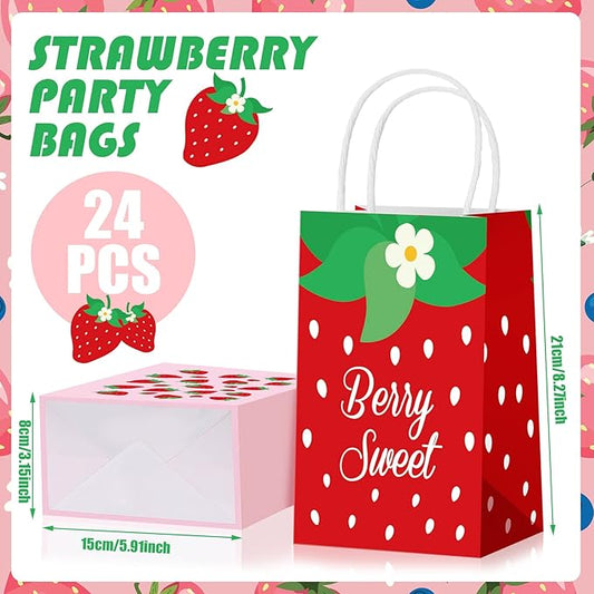 Outus 24 Pcs Strawberry Party Favor Bags Summer Strawberry Gift Bags Cute Strawberry Goodie Candy Paper Bags with Handles for Kids Berry First Birthday Party Supplies Baby Shower Wedding Decoration
