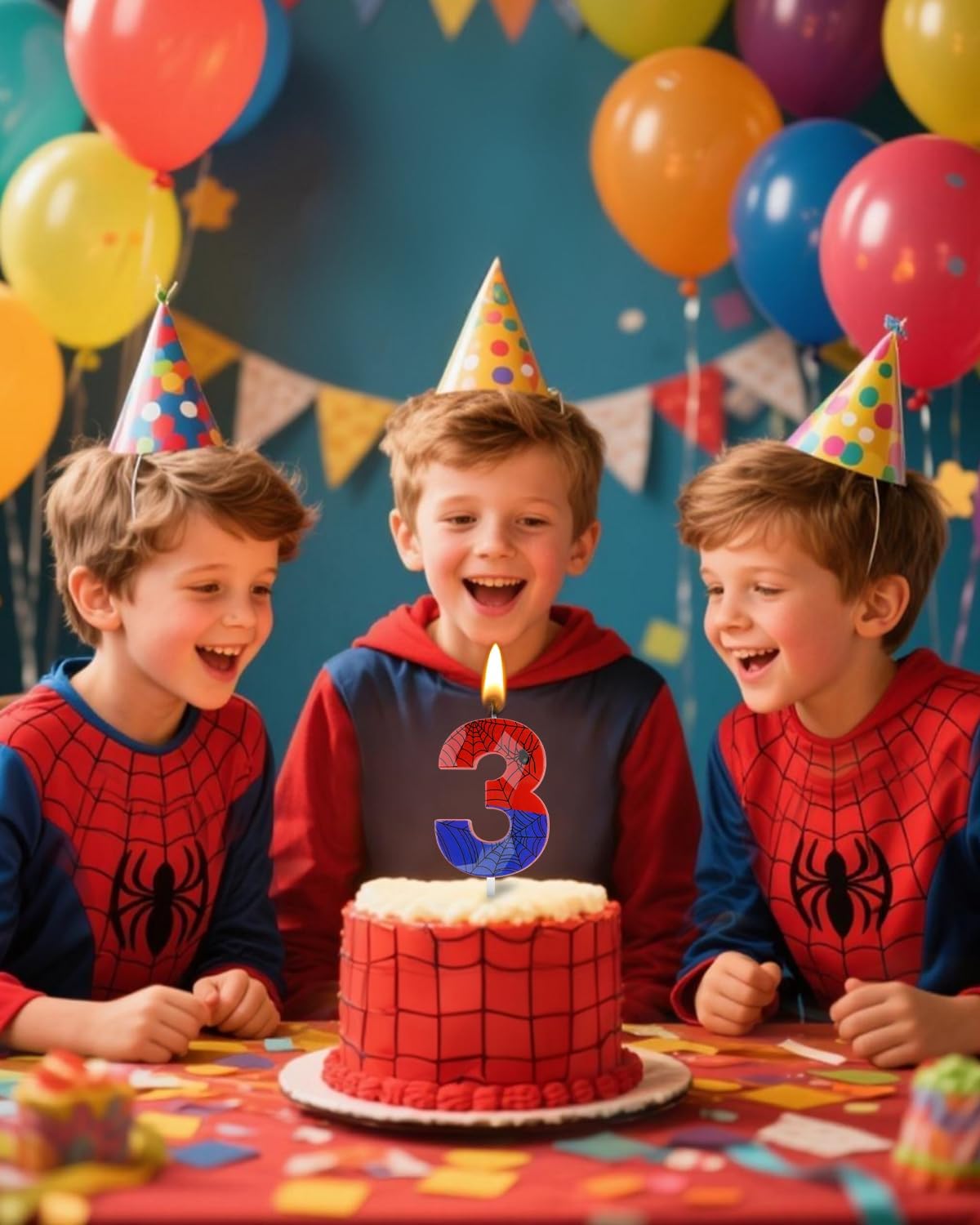 Number 3 Spider Themed Birthday Candle, 2.68 Inch Red Blue Spider Birthday Candles, Number Candles Birthday Cake Toppers Web Candles for Boy Girl Spider Party Decoration Supplies Halloween Party