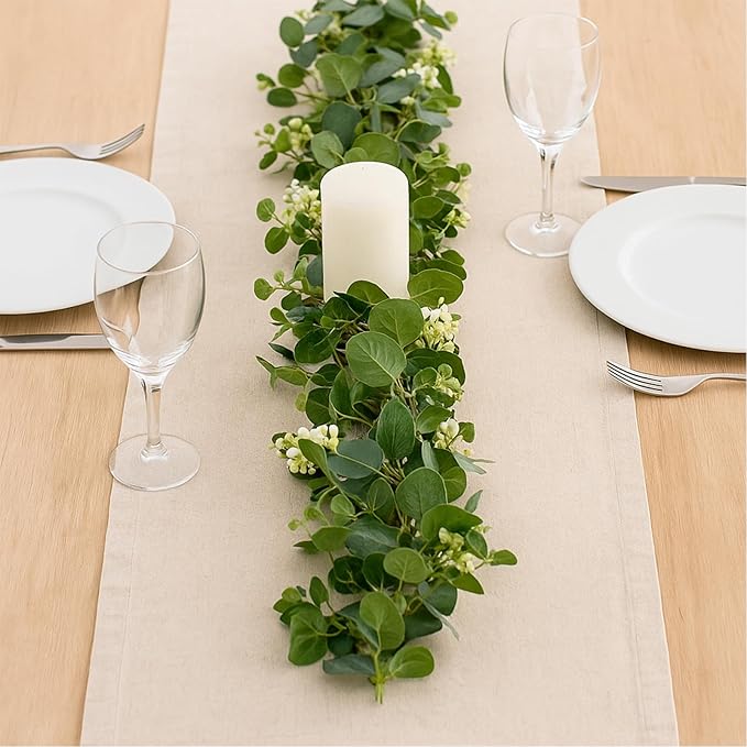 4 Pack Eucalyptus Garland, 5.9Ft Artificial Flowers and Leaves Greenery Garlands for Table, Faux Greenery Garland,Wedding Decorations, Party Decorations, Table Mantel Bedroom Wall Decoration