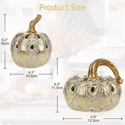 Hollyone Fall Pumpkin Decor 2 PCS Champagne Gold Resin Pumpkins Figurines Fake Pumpkins Faux Pumpkins Rustic Farmhouse Centerpiece for Thanksgiving Harvest Halloween Autumn Fall Decorations for Home