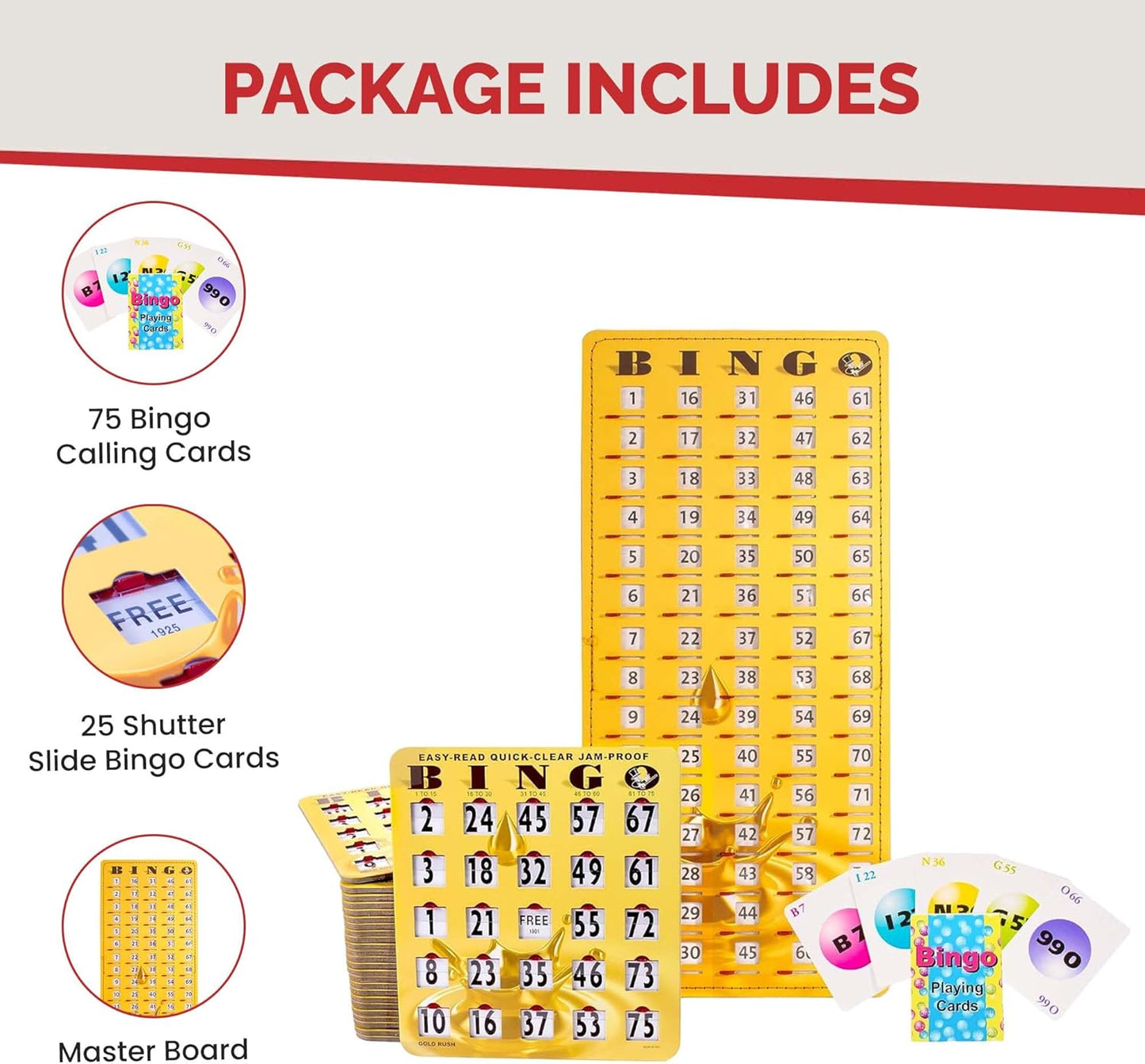 MR CHIPS Jam-Proof Bingo Cards with Sliding Windows, 25 Reusable Shutter Cards, 75 Calling Cards 1 Master Board in Gold Rush Style