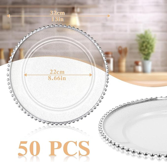 Hoolerry 50 Pack Clear Charger Plates Bulk 13 Inch Plastic Round Beaded Dinner Chargers Acrylic Frosted Grain Decorative Service Plates for Wedding Party Event, Home and Kitchen Tabletop (Silver)