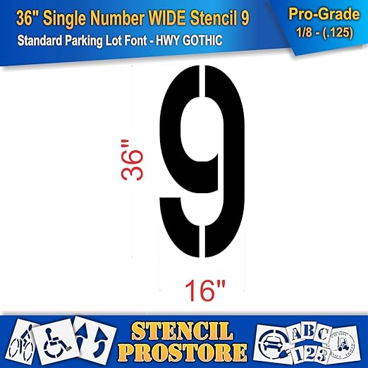 Pavement Stencils - 36 inch Single Number Stencil (Wide) - 9-36" x 16" x 1/8" (128 mil) - Pro-Grade
