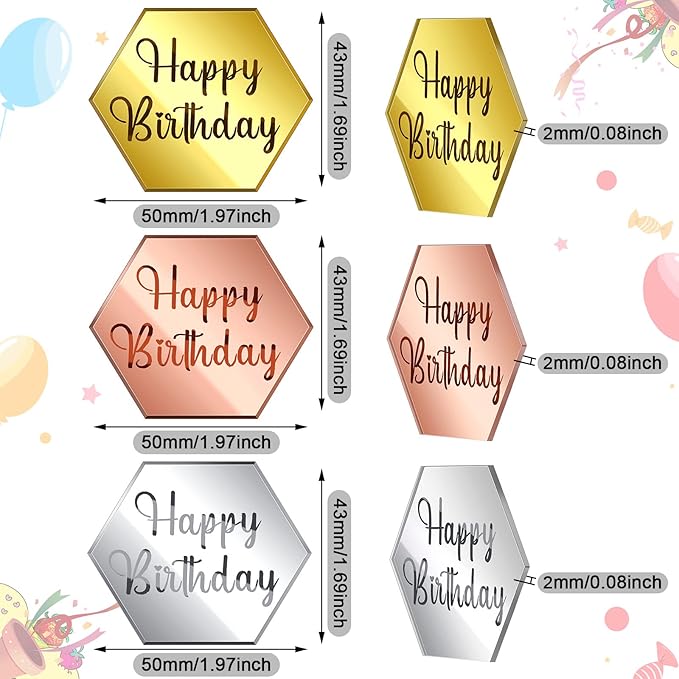 Qunclay 30 Pcs Happy Birthday Acrylic Cake Toppers, Mirror Acrylic Cupcake Toppers, 3 Multi-shape & Gold Rose Gold Silver Cupcake Picks for Birthday Party Pastries Decor DIY Supplies(Hexagon)