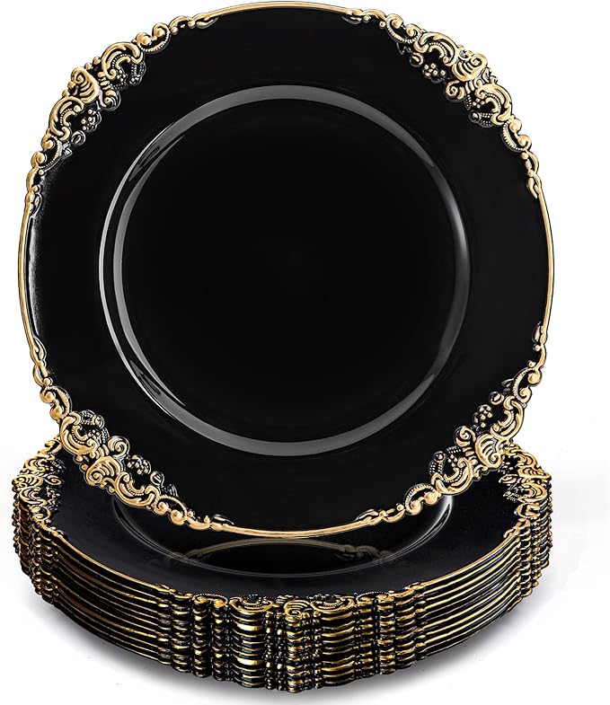 Okllen 12 Pack Plastic Round Charger Plates, 13" Dinner Charger Dessert Plates with Gold Rim, Vintage Charger Serving Plates for Catering, Wedding, Tabletop Decor, Black, Floral Trim