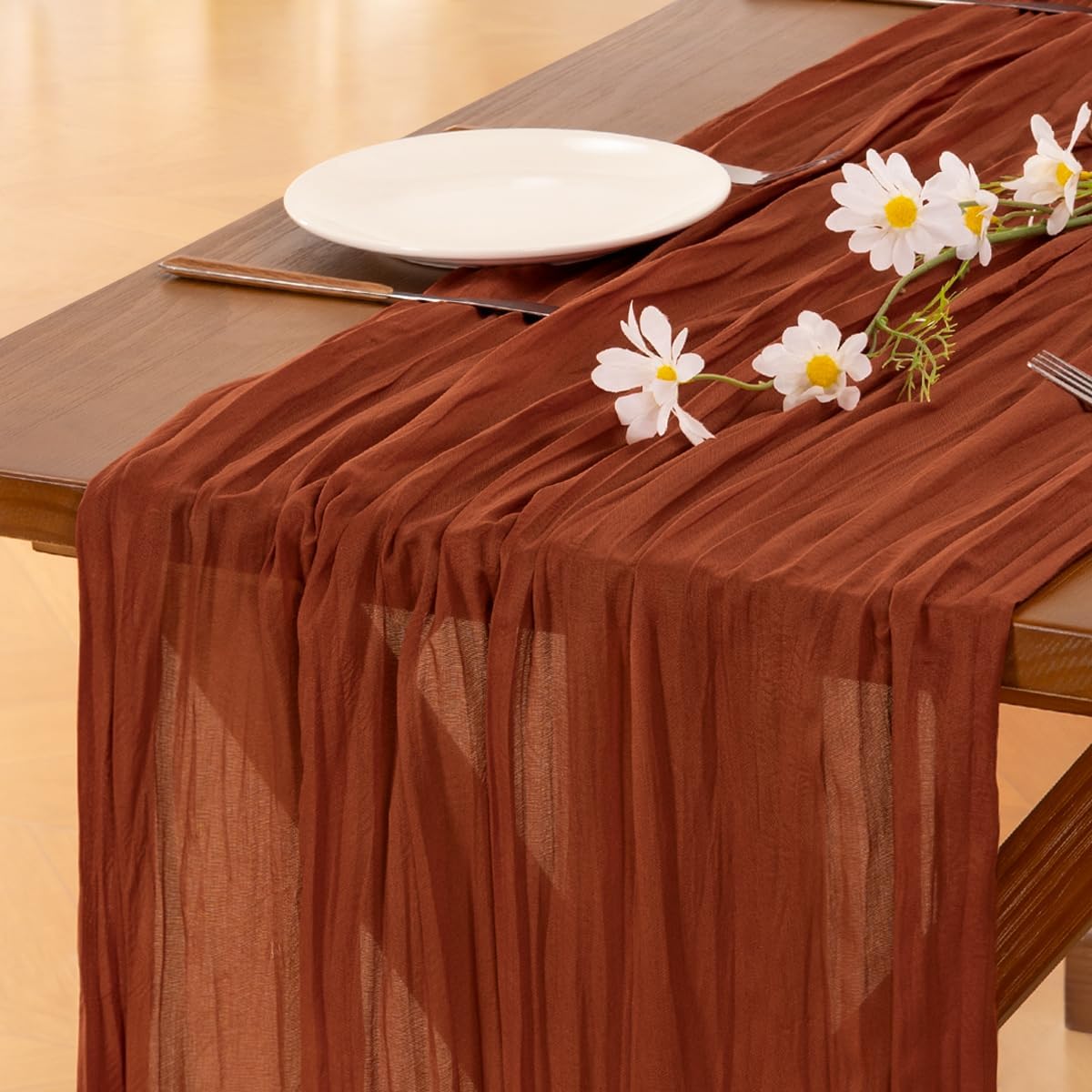 Socomi 10pcs Terracotta Fall Thanksgiving Cheesecloth Table Runner Boho Rustic Gauze 120 inch 10FT Cheese Cloth Runner for Wedding Party Baby Shower Birthday Home Decor Holiday Decorations