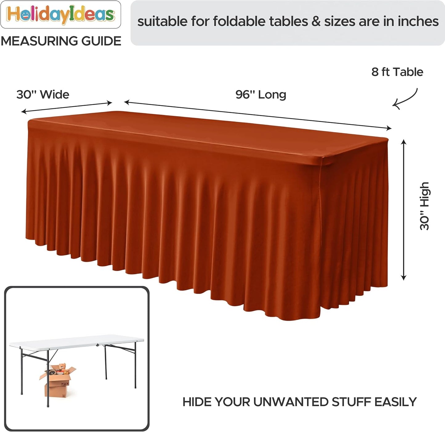 HolidayIdeas 2 Pack Spandex Tablecloths for 8 Foot Table, Fitted Stretch Table Skirts 30x96 Inch, Wrinkle-Free Floor Length Tablecloths for Thanksgiving Decor, Banquets Events,Rust