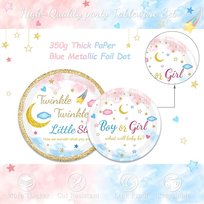 96Pcs Twinkle Twinkle Little Star Gender Reveal Party Supplies Tableware Set little Star Baby Shower Plates Napkins Forks Dinnerware for Baby Shower Decorations Girls or Boys Theme Party, 24 Guests