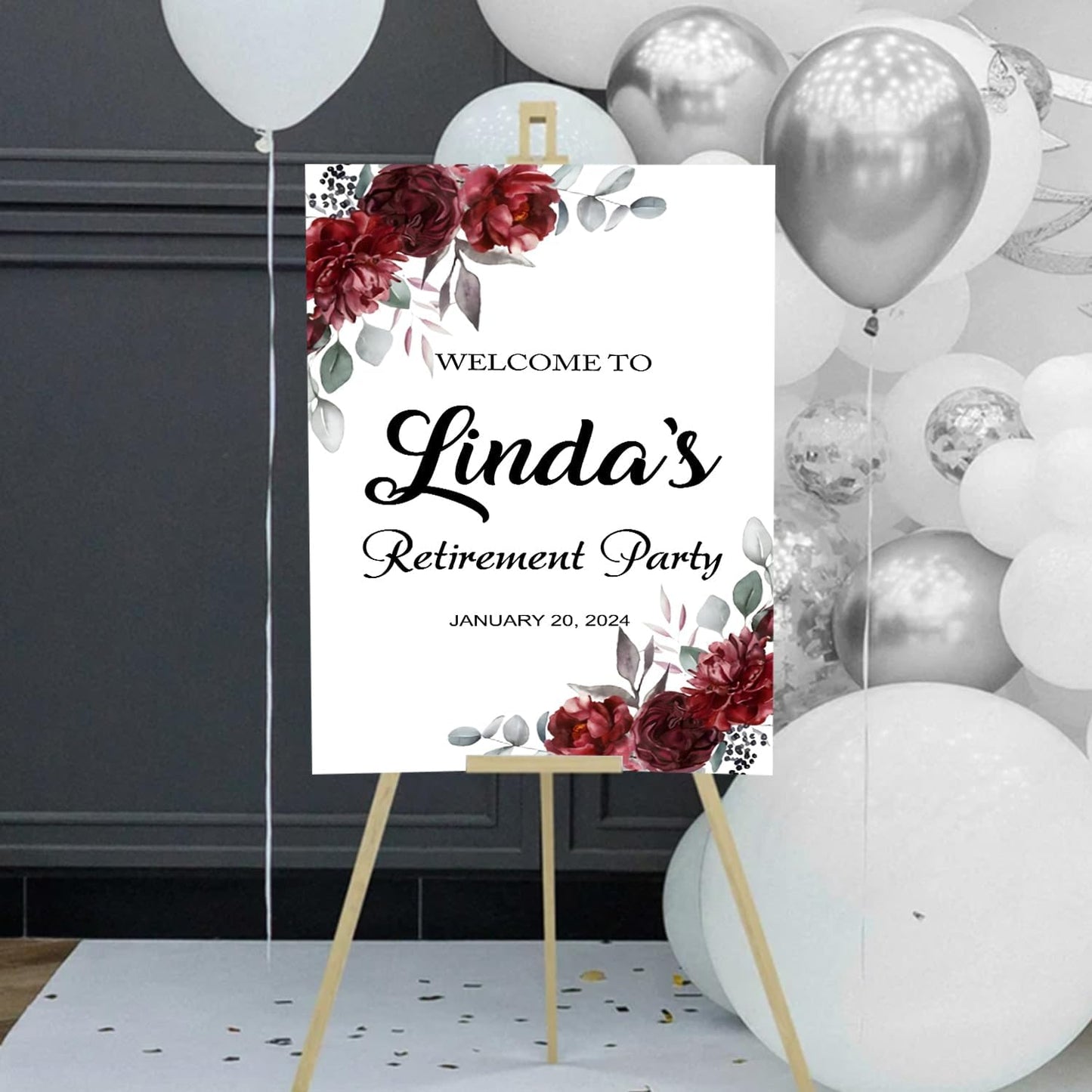 Floral Red Retirement Party Sign - Burgundy Decor, Celebration Welcome Board