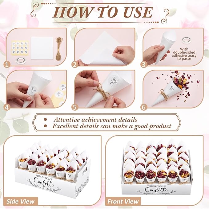 Wedding Confetti Cones Sets with 300g (10.58 Oz) Biodegradable Dried Flowers White Petal - 60 Paper Cones, Tray & Stickers for Bridal Shower, Engagement Party, Baby Shower (60 Guests)
