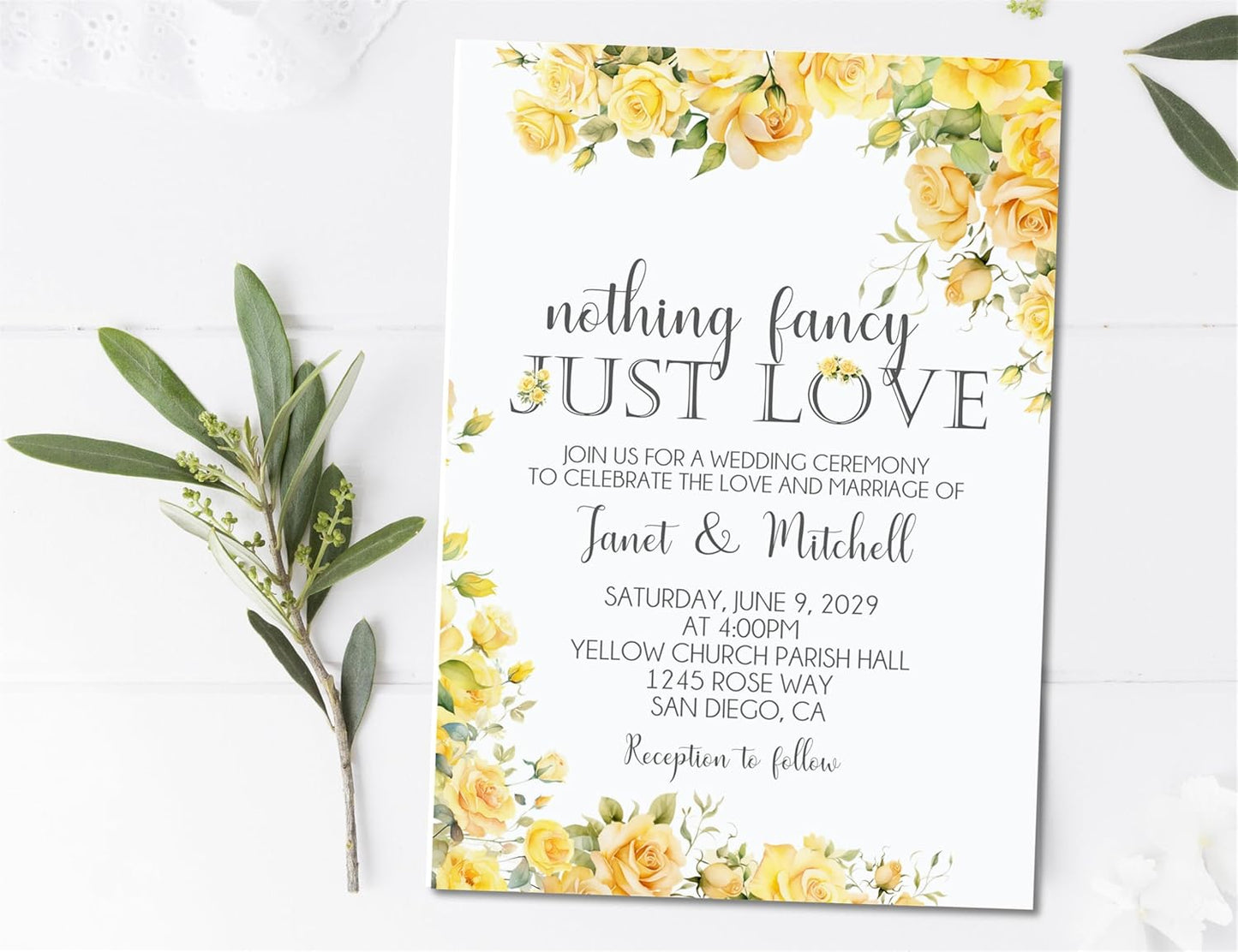 Yellow Rose Wedding Invitations, Garden Floral, Personalized, Set of 12 Invitations with Envelopes