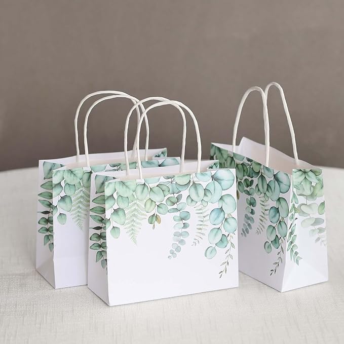 Efavormart 12 Pack 6"x7" Green Eucalyptus Paper Gift Bags with Handles - Botanical Party Favor Goodie Bags for Wedding and Baby Shower