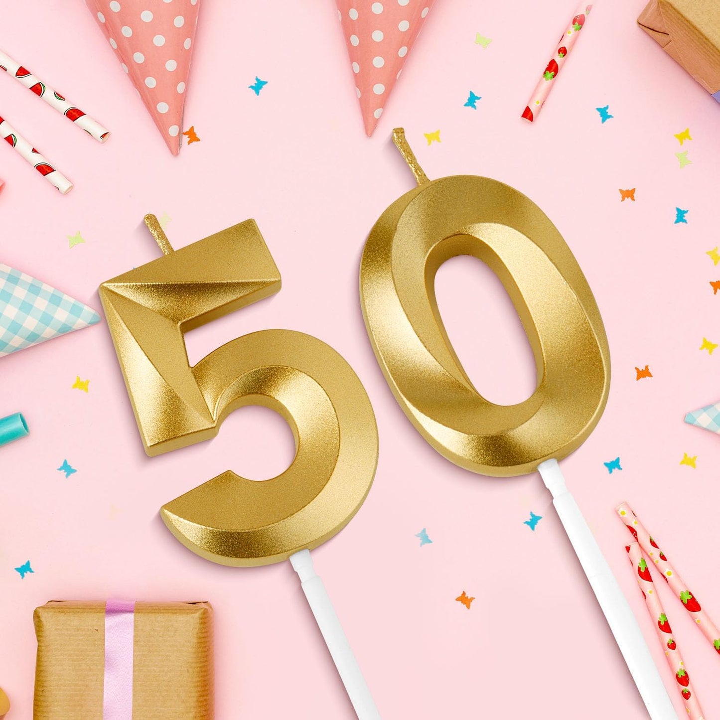Birthday Candles, 1.96 Inch Number 50 Happy Birthday Candles, Number Candles Decoration for Birthday Party and Anniversary Celebration(Champagne Gold)