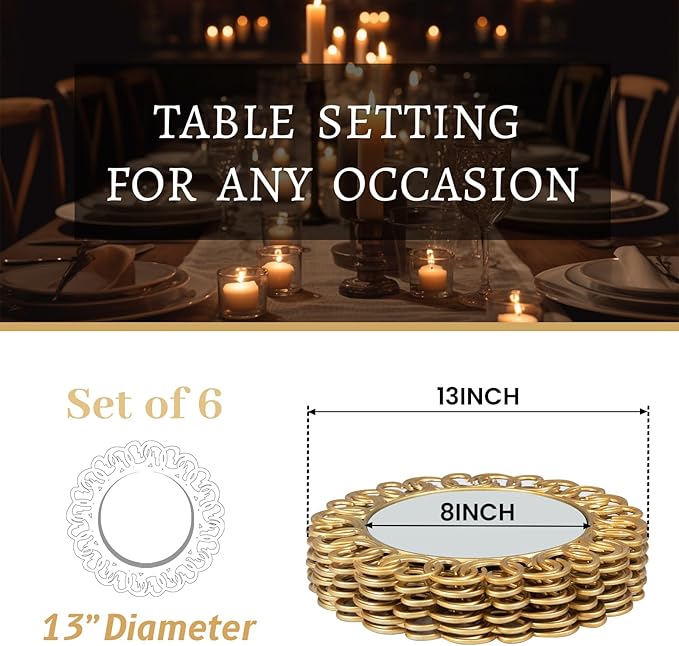 MAONAME 13" Gold Charger Plates Set of 6, Mirror Charger for Dinner Plates, Plastic Plate Chargers with Entwined Swirl Rim, Round Chargers for Table Setting, Wedding