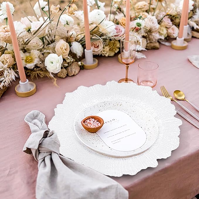 50 Pcs White Charger Plates Bulk 13 Inch Plastic Charger Plates for Dinner Plate, White Chargers for Table Setting, Reef Design Plate Floral Decorative Round Chargers for Wedding Party, Event