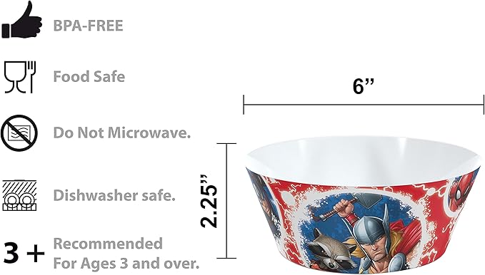 Zak Designs 5-Piece Dinnerware Set, Marvel Universe - Durable Plastic & Stainless Steel - Includes Water Bottle, 8-Inch Plate, 6-Inch Bowl, Fork & Spoon - Suitable for Kids Ages 3+