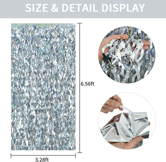TONIFUL 3Pcs Wavy Metallic Tinsel Foil Fringe Curtains Silver Streamer Backdrop for Photo Booth Props,Party Door Wall Curtain,Bachelorette,Birthday,Anniversary,Bridal Shower Decor (9.9ft x 6.6ft)