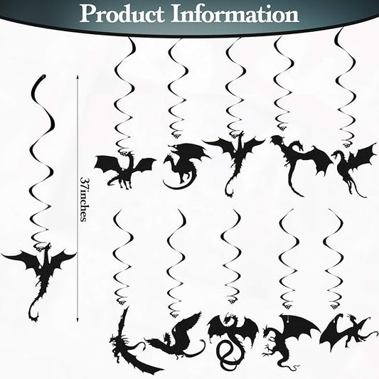 Sumind 30 Pcs Dragon Party Decoration Swirl Foil Hanging Ceiling Decoration for Dragon Themed Birthday Medieval Themed Party, 10 Designs(Black)