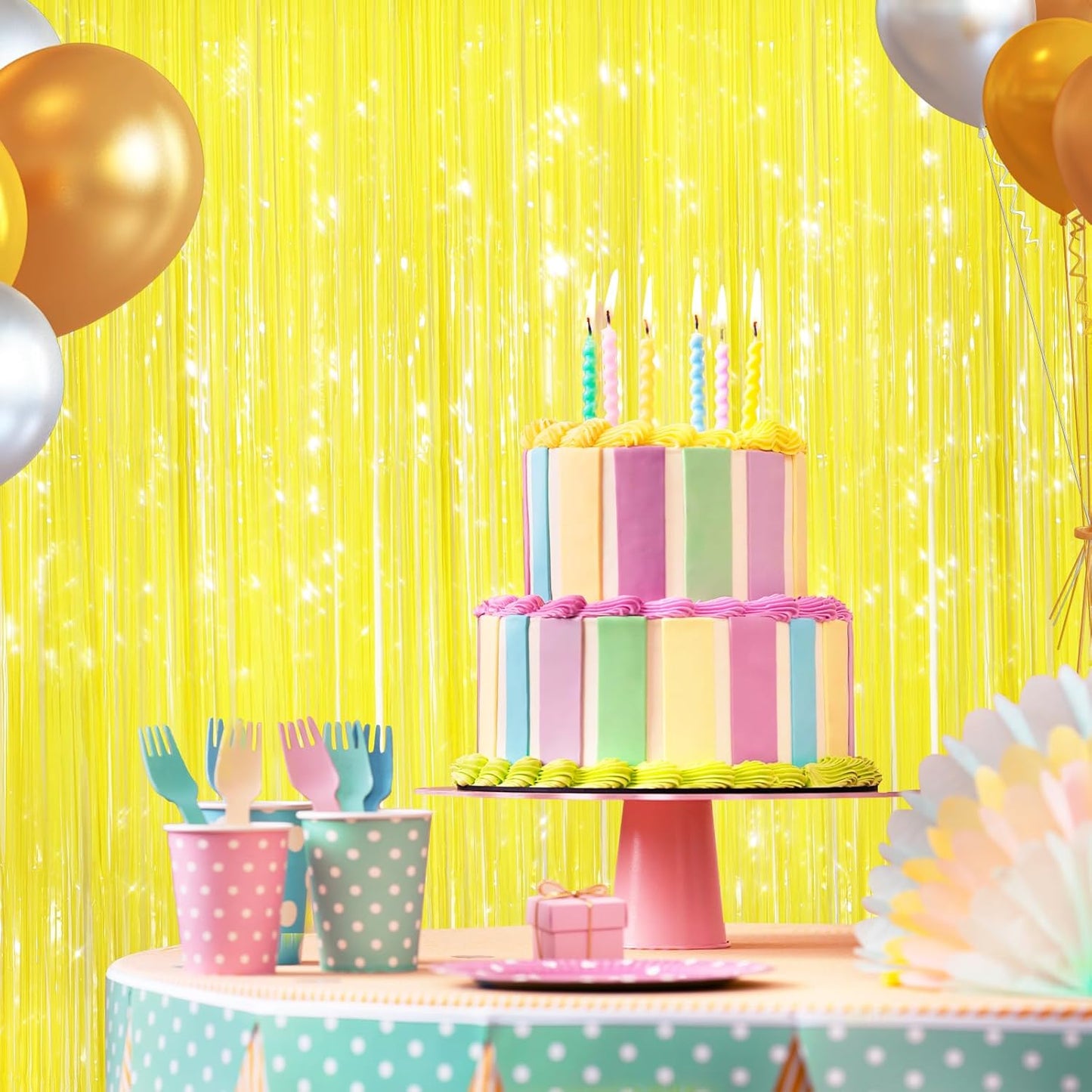 2 Pack Yellow Metallic Tinsel Foil Fringe Curtains, Door Streamers Photo Booth Backdrop for Birthday Party, Tinsel Curtain Backdrop for Baby Shower Bachelorette Christmas Party Decorations