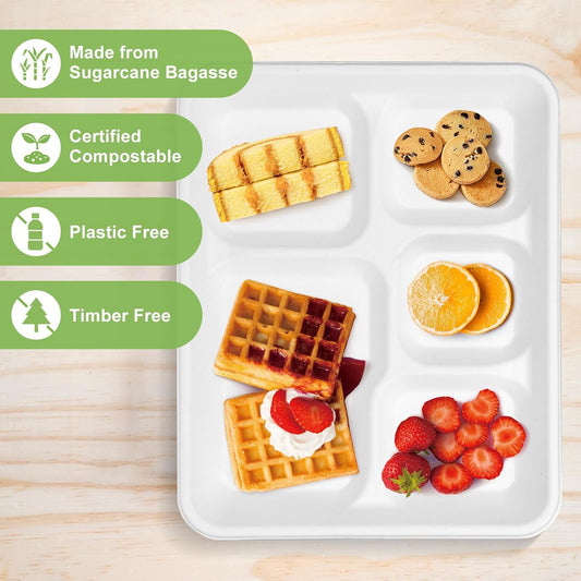 Compostable 5 Compartment Plates Disposable, 10.25 x 8.25 inch, [100-Pack] Heavy Duty Paper Plates with dividers, Sturdy School Lunch Trays, White Large Paper Dinner Plates for Buffet Party