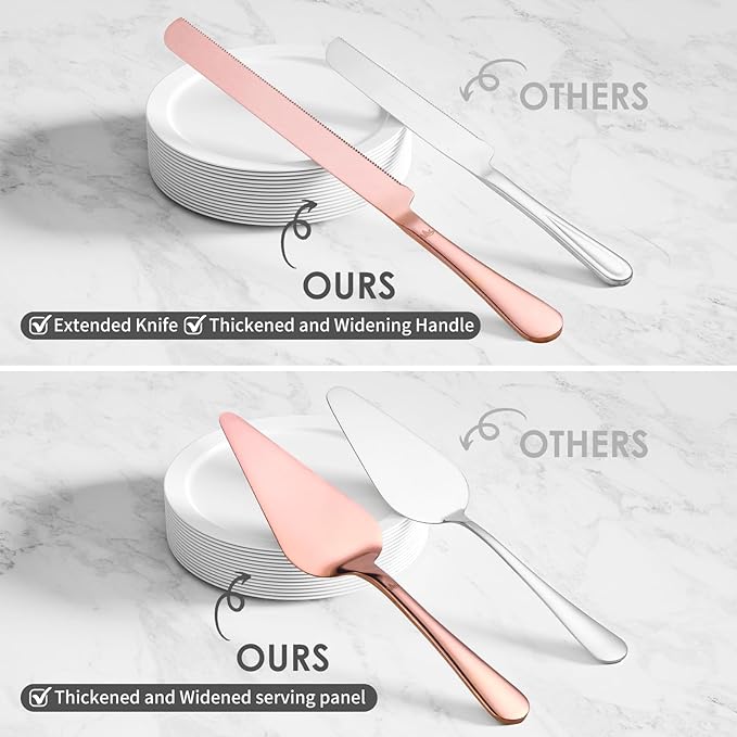 SANEXC Cake Cutting Set for Wedding - Extended Cake Knife And Server Set Thickened Stainless Steel Cake Cutter and Pie Spatula Great for Birthday Anniversary Christmas Gift Rose Gold 2 Pcs