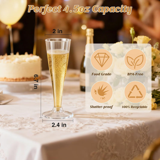 100 Pack Champagne Flutes Plastic Wine Glasses Disposable, 4.5 Oz Gold Glitter Mimosa Glasses for 2025 Engagement Wedding Birthday New Years Eve Xmas Party Supplies, Bulk Toasting Cocktail Cups