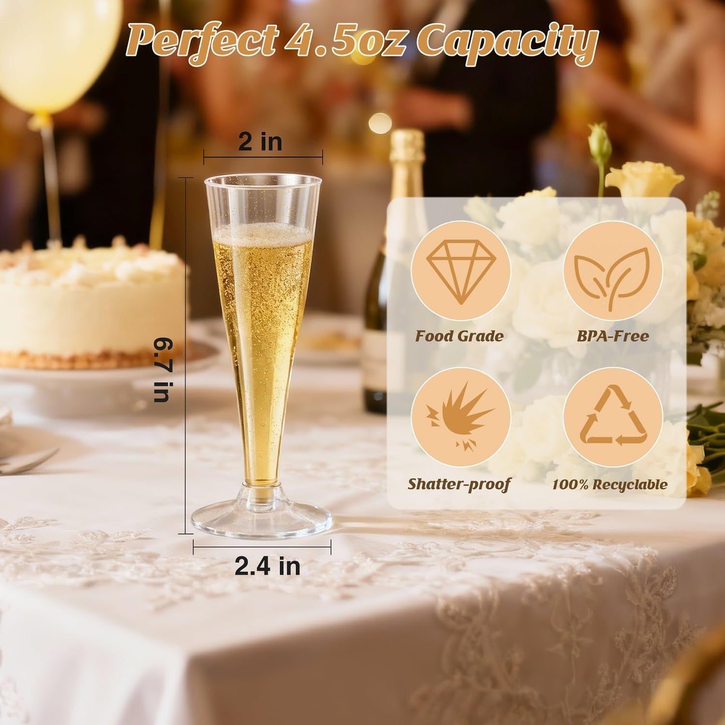 40 Pack Champagne Flutes Plastic Wine Glasses Disposable, 4.5 Oz Gold Glitter Mimosa Glasses for 2025 Engagement Wedding Birthday New Years Eve Xmas Party Supplies, Bulk Toasting Cocktail Cups