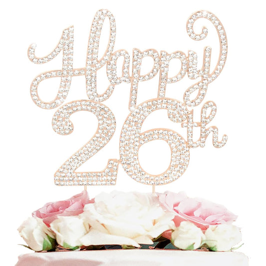 LASKYER Happy 26th Birthday Decorations,26th Birthday Gold Rhinestone Cake Topper - Cheers to 26 Years Old Bday Party Metal Sparkly Cake Centerpieces Sign.