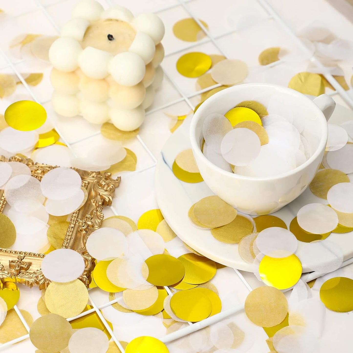 TecUnite Round Tissue Paper Table Confetti Dots for Wedding Birthday Party Decoration, 1.76 oz(White Gold Confetti,2.5 cm)