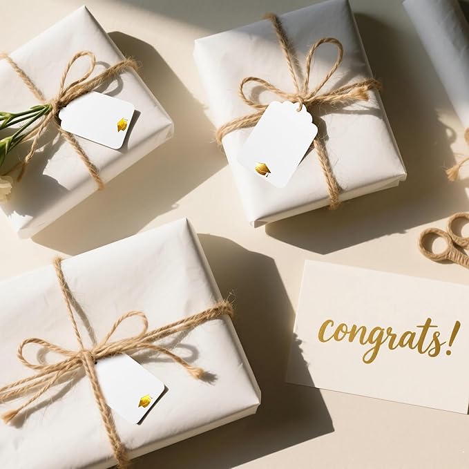 ASYEHJNR 100Pcs Blank Gift Tags with String Foil Gold Grad Cap Large White Paper Gift Tags with 65 Ft Jute Twine for Congrats Grad Congratulations Graduation Party