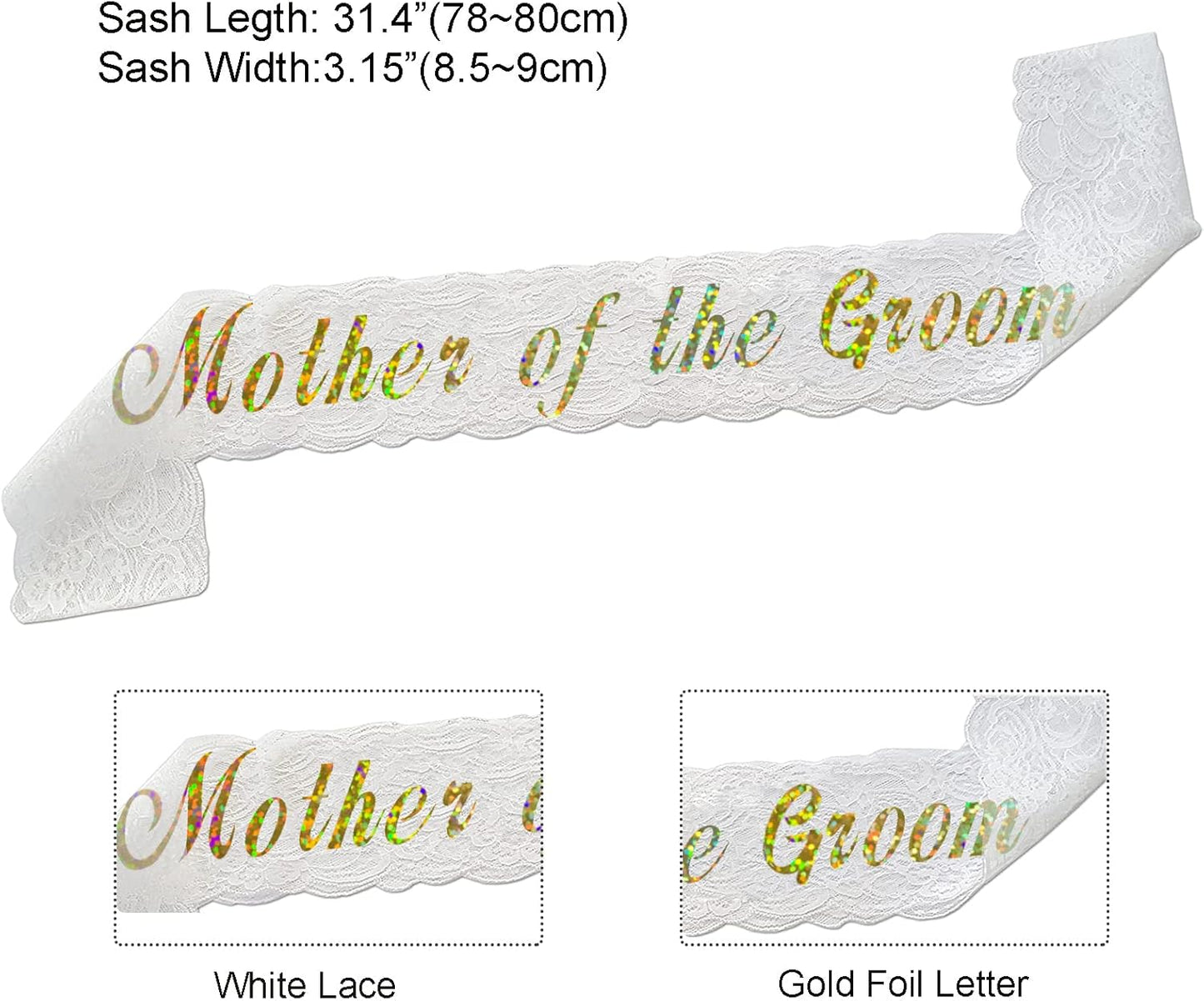 HAPRTY Mother of The Groom Sash, White Lace Bachelorette Party Sash for Bridal Shower Engagement Party Supplies and Accessories for Groom's Mother