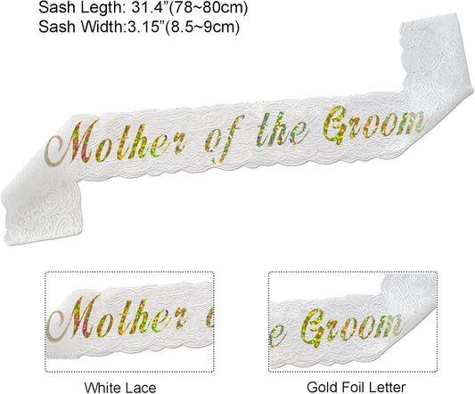 HAPRTY Mother of The Groom Sash, White Lace Bachelorette Party Sash for Bridal Shower Engagement Party Supplies and Accessories for Groom's Mother