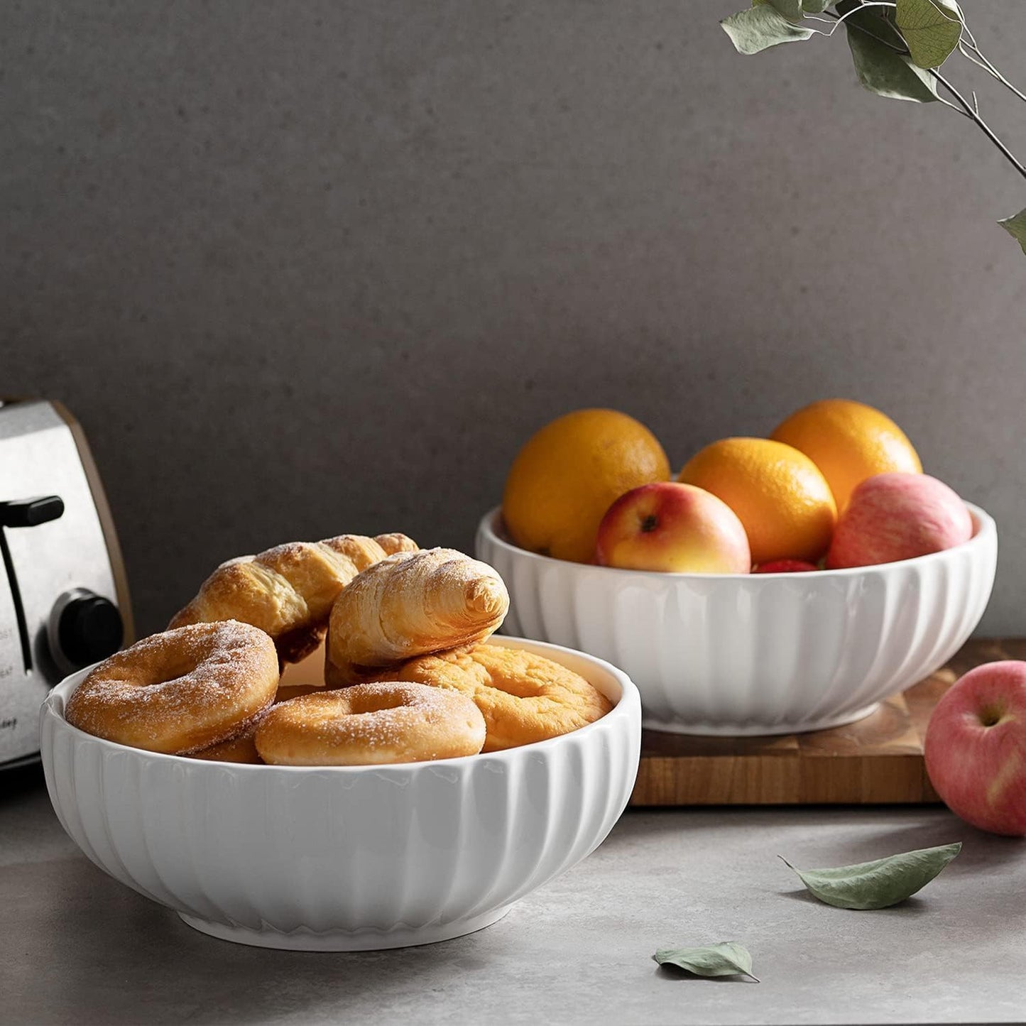 DOWAN 9.8'' Serving Bowls, 86 oz Large Salad Bowl, Ceramic Serving Dishes, Set of 2, Pumpkin Shape for Halloween, Entertaining, Party, Kitchen, Dinner, Banquet, Housewarming Gift, Soft White