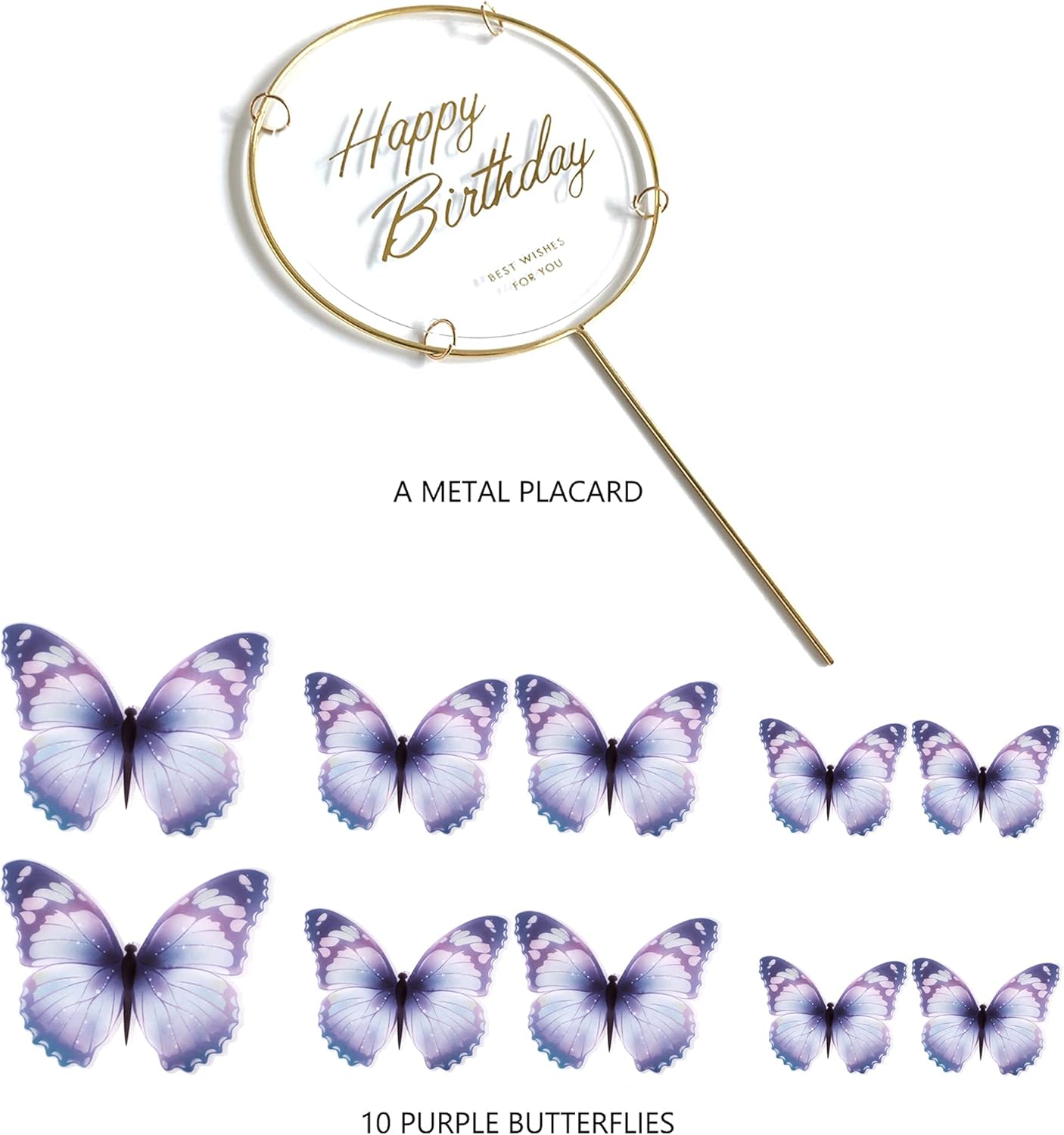 11-Piece Purple & Gold Butterfly Cake Toppers Set - Happy Birthday & Party Decorations