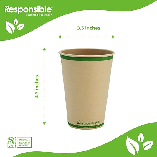 Responsible Products 12 oz Paper Hot Cups, Tree-Less™ Compostable Paper Coffee Cups, Extra Strength, Tree-Free and Made Without PFAS, Natural Brown (1000 Count)