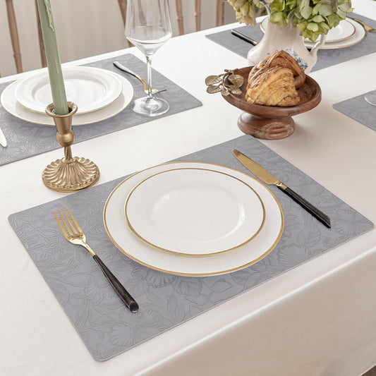 Romanstile Vinyl Placemats Set of 6-12 X 18 Inch - Heat Resistant Non-Slip Embossed Floral Place Mats 100% Waterproof Oilproof Wipeable Faux Leather Table Mats for Kitchen/Dining/Party, Grey