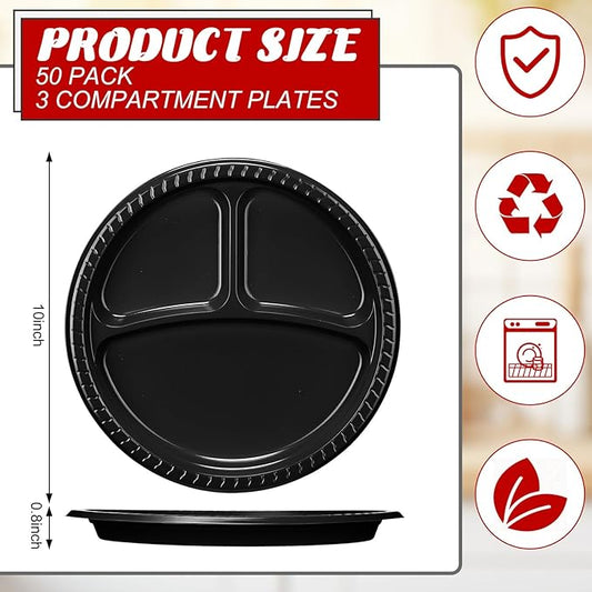 50 Pcs 10 Inch Plastic 3 Compartment Divided Plates Heavy Disposable Plates Duty Round Dinner Plates with Dividers for Wedding Birthday Party Dinnerware(Black)