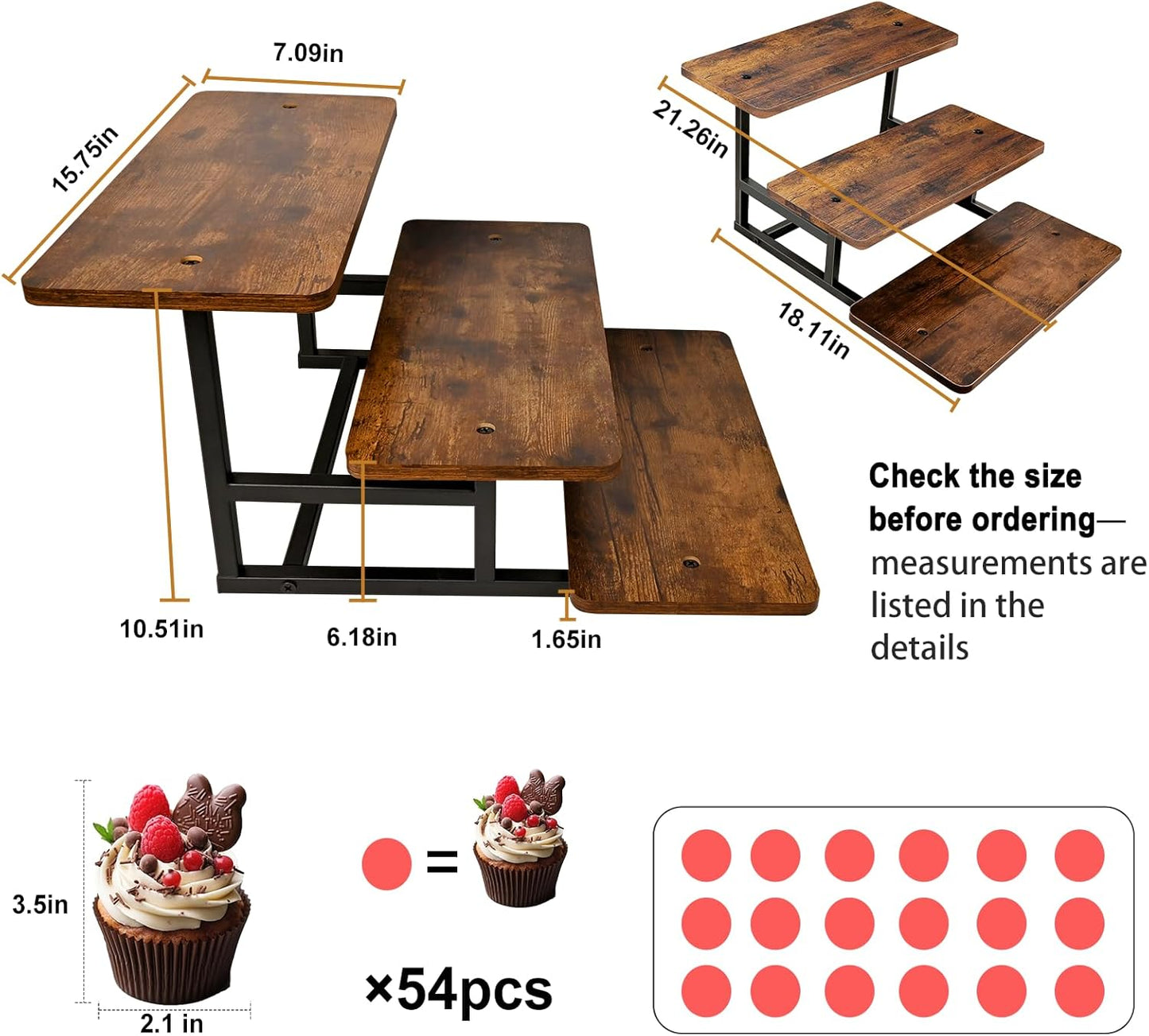 3 Tier Cupcake Stand for 50 Cupcakes,Wood Metal Riser Dessert Table Display Stand,Rustic Stepped Cupcake Ladder Tiered Tray Stand for Party Farmhouse Wedding Birthday Graduation