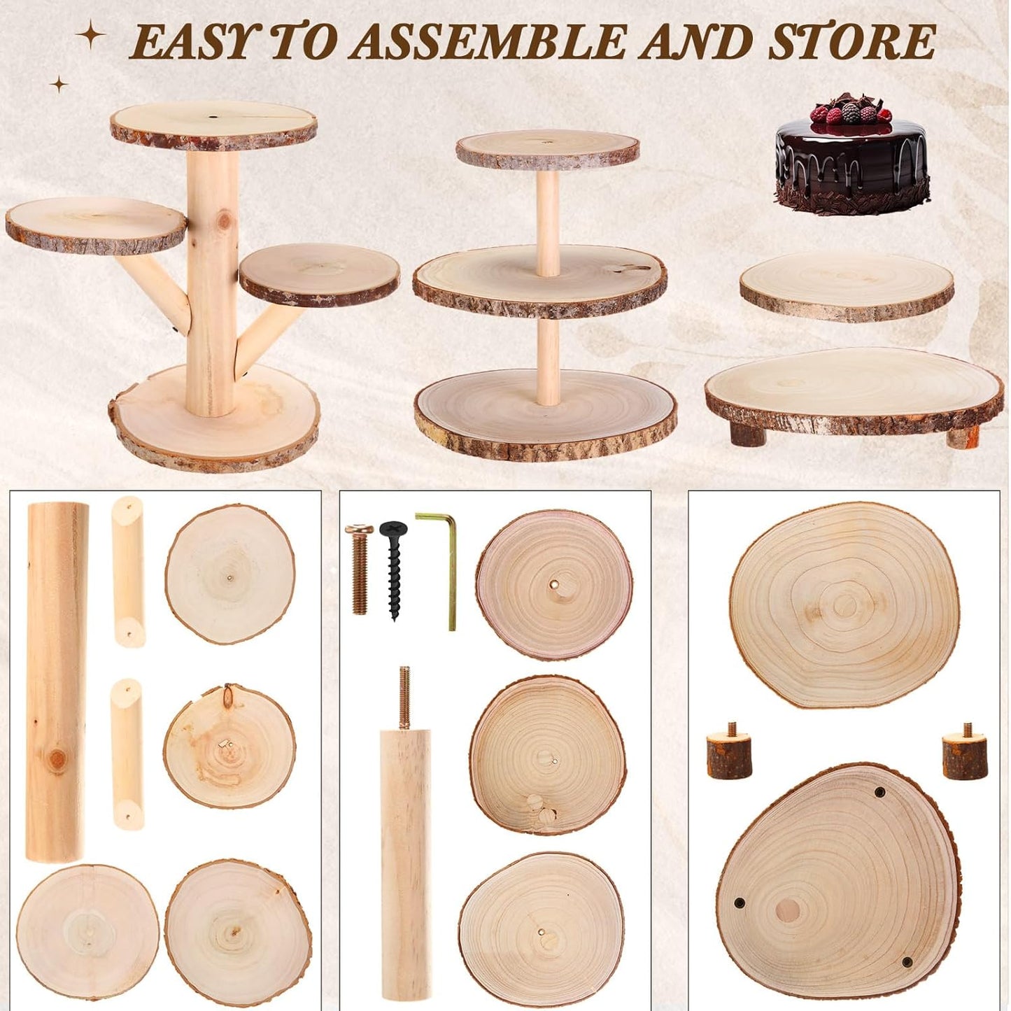 Set of 4 Christmas Rustic Wood Cake Stand Party Dessert Table Display Wooden Cupcake Stands Wedding Cake Stand Topper for Wedding Reception Event