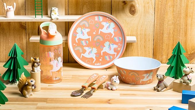Zak Designs 5-Piece Dinnerware Set, Unicorn - Durable Plastic & Stainless Steel - Includes Water Bottle, 8-Inch Plate, 6-Inch Bowl, Fork & Spoon - Suitable for Kids Ages 3+